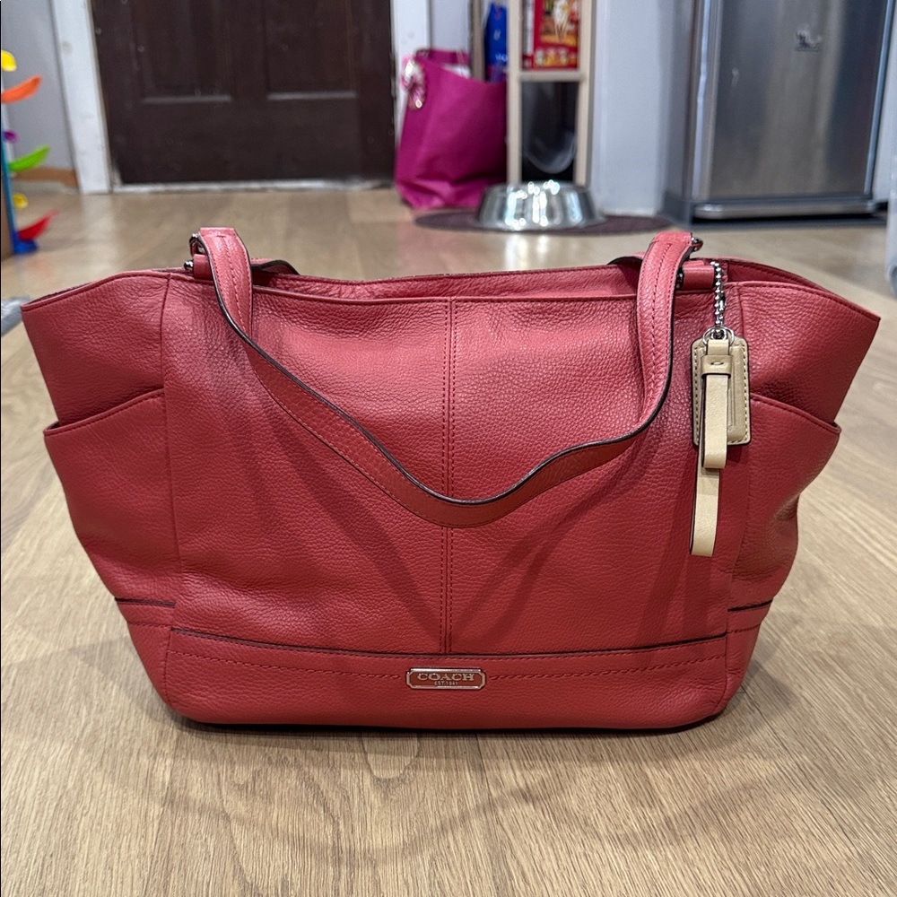 Coach Park Leather Carrie Tote in Melon Pebbled Leather